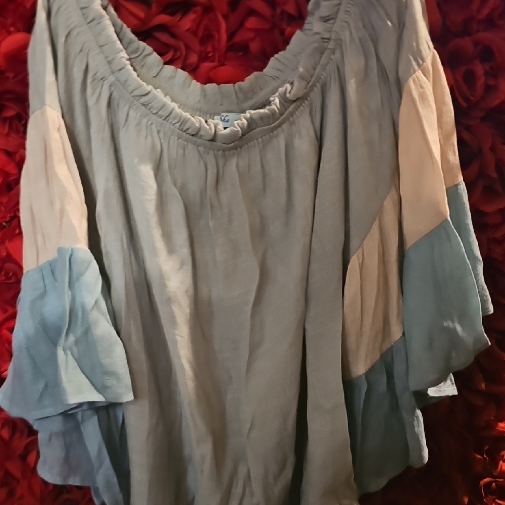 She & Sky Womens Blue and Cream Women's Off/On Shoulder Top Size Large